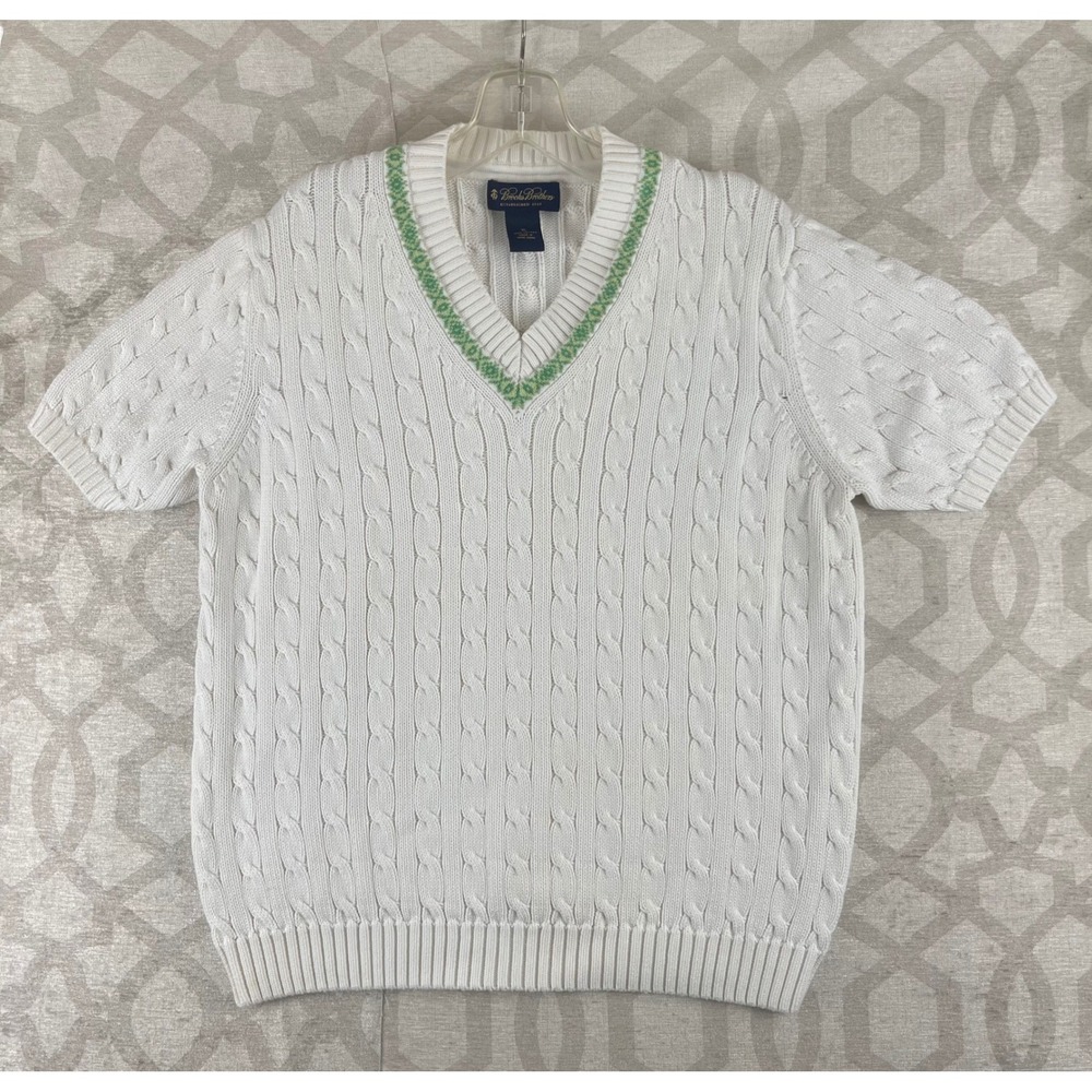 Brooks Brothers Cable Knit Tennis Sweater Youth XL White Green V-Neck Short Slv